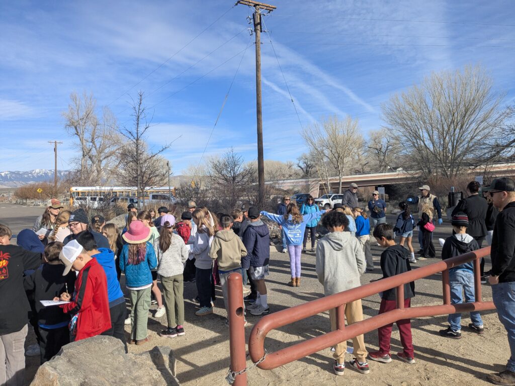 Students gathered in a large crowd on a sunny day